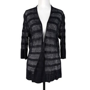 Eileen Fisher 100% Linen Cardigan Womens M Black Sheer Stripe Knit Lightweight